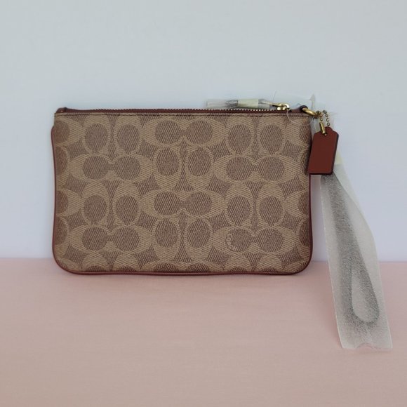 COACH Small Wristlet in Signature Logo Coated Canvas - Tan Rust⭐ - Picture 7 of 16